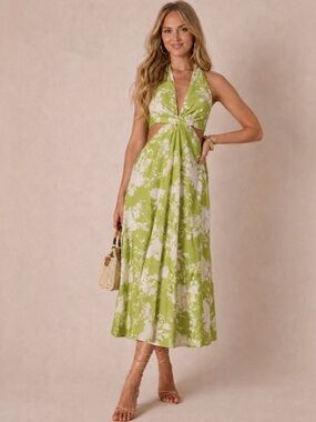 BRAND NEW - Vici Colllection Green Floral Halter Midi Dress - Size Medium